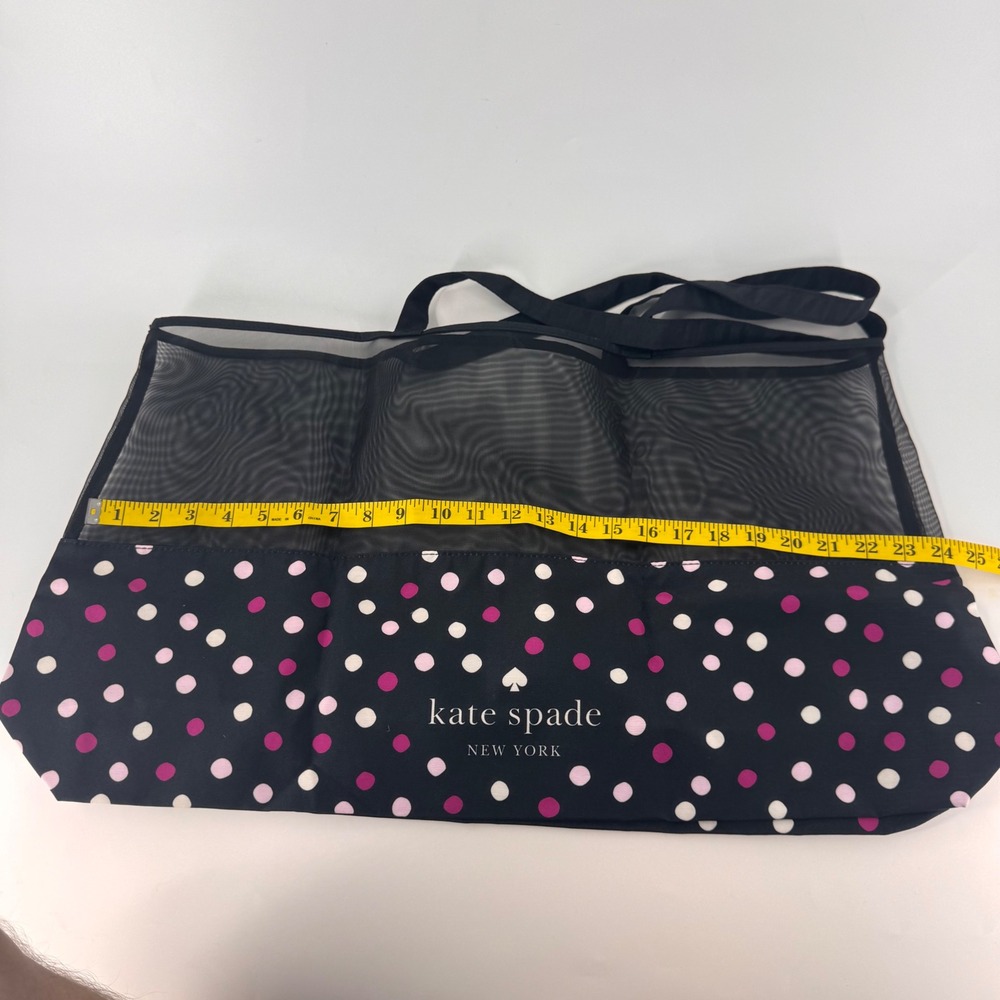 Kate Spade New York Mesh Tote Bag Black Pink Polka Dot Packable Beach Bag Large - Picture 5 of 9